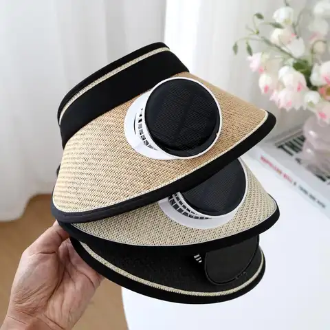 Wide Brim Sun Hat With Built-in Fan Summer Cap Outdoor Straw Visor Hat With Solar/USB Powered Fan For Camping Fishing Hiking