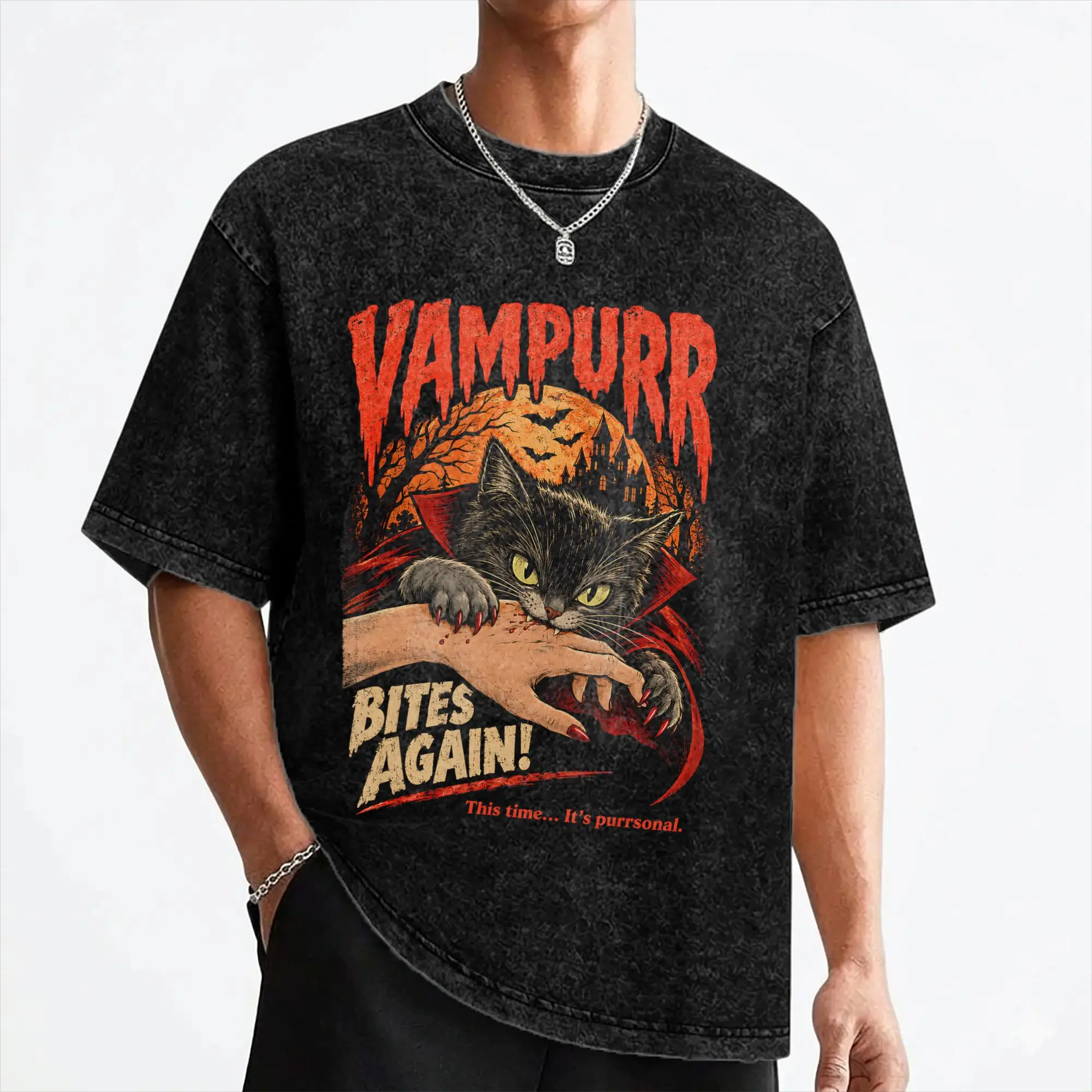 Vampurr Bites Again Halloween Vampire Cat Washed T Shirts Streetwear  T-Shirt Tees for Men Women 100% Cotton Harajuku Summer
