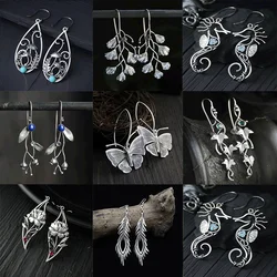Vintage Silver Color Flower Earrings Ethnic Metal Round Engraving Plant Flowering Plant Inlaid Zircon Long Personality Earrings