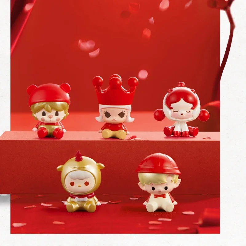 Коллекционные мини-фигурки Popmart Pop Bean Happy New Year: Классическая серия в сидячих позах, аниме-фигурки, милые настольные украшения, подарки