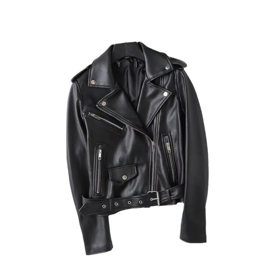 Jaqueta feminina de couro pu estilo europeu e americano, tipo motocicleta de moda de rua com zíper diagonal e bolso com aba