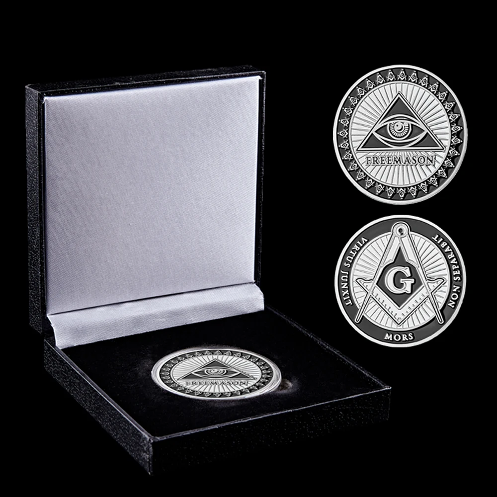 

Masonic Symbols Free and Accepted Masons Silver Plated 1OZ Token Souvenir Coin W/ Black Box Protection