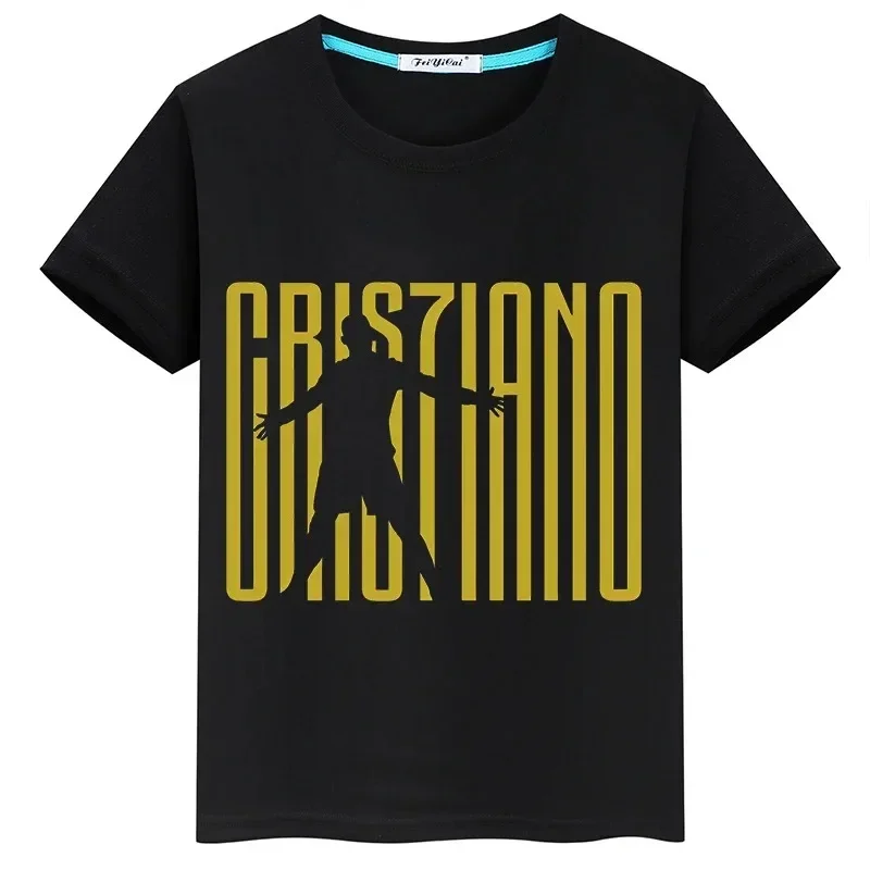 Summer Short-sleeved Boys Girls Black Cotton T-shirt Sportswear Tops Ronaldo Football Star Printed Children\'s Clothing Kids