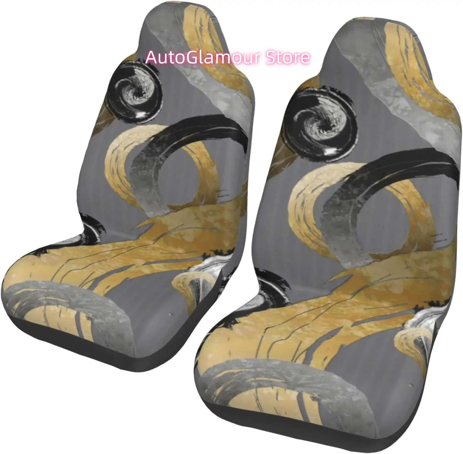 Rings Circles Modern Abstract Gold Black Grey 2-Piece   Seat Cover Complete Set - Elastic Seat Protection Cover for