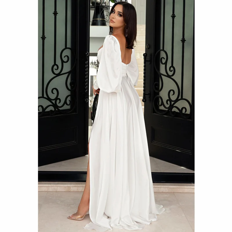 Women Sexy V Neck Long Party Dress Solid Elegant Long Sleeve High Slit Dress Hollow Out Pleated Maxi Dress Vestido