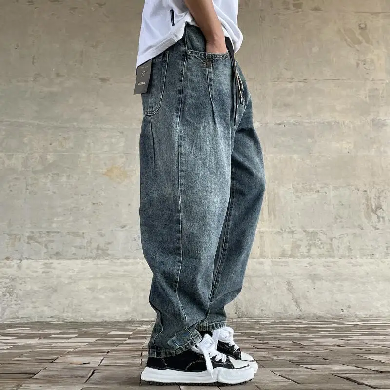 Mens Retro Baggy Jeans Japanese Style Washed Denim Pants Wide Leg Tapered Skateboard Streetwear Casual Trousers New