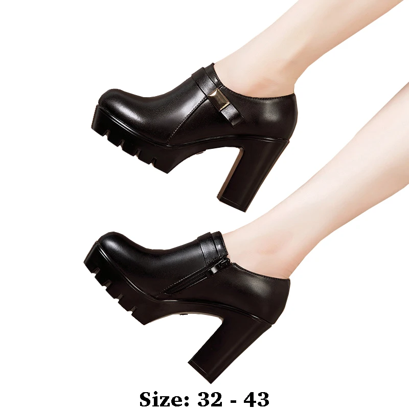 

high quality leather shoe for women10cm high heel platform round toe 32 33 43 elegant fashion 2025 autumn winter shoe black