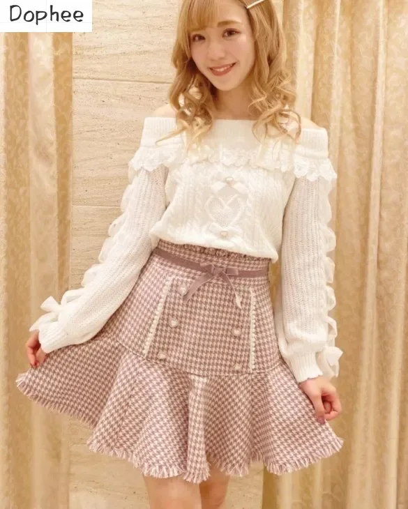 

Dophee Japan Styles Houndstooth Skirt High Waist Velvet Bow Beading Double-breasted Elegant Wrap Buttock Slimming Fishtail Skirt