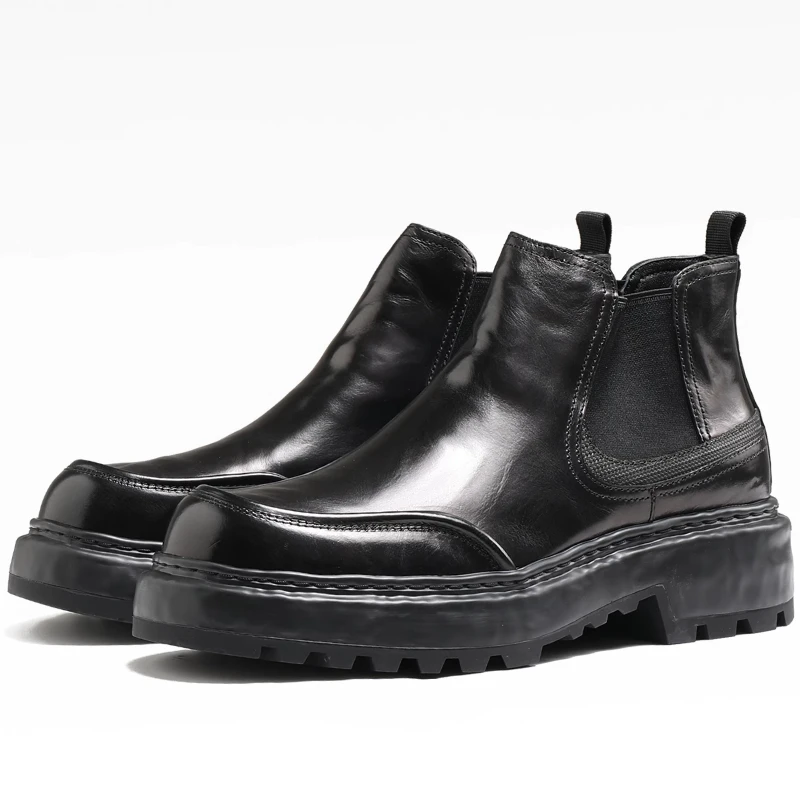 

British Black Height Increasing Shoes for Men's Casual Tooling Shoes Genuine Leather and Short Plush Velvet Warm High Top Shoes