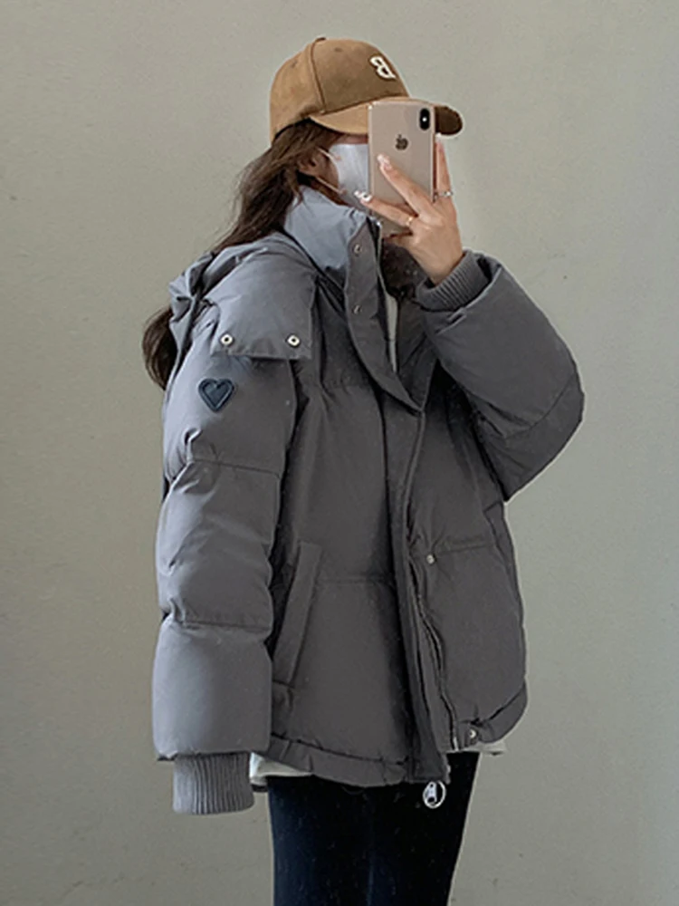 Zoki Love Print Cute Parkas Women Sweet Thick Warm Winter Puffy Coats Korean Casual Long Sleeve Loose Fashion Down Cotton Jacket