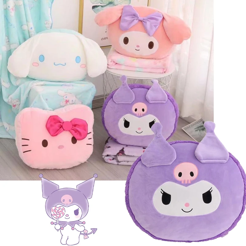 New Sanrio Pillow Blanket Kuromi Cinnamoroll My Melody Hello Kitty Air Conditioning Blanket Portable Travel Blanket Nap Blanket