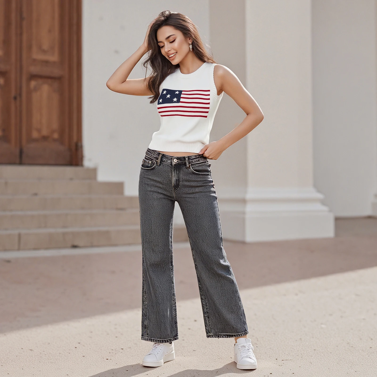 

New Fashion Womens 4th of July Knit Vest Sleeveless Round Neck Flag Print Casual Party Tank Tops Hot Sale S M L