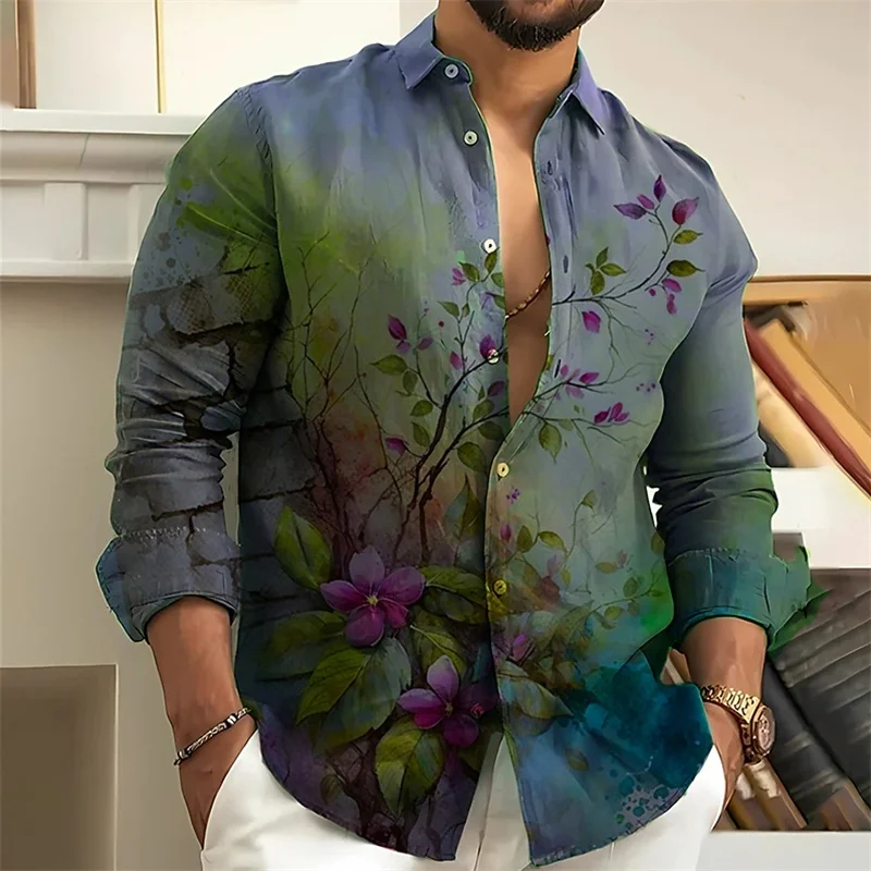 Flower Daisy casual men's shirt for daily wear in spring and summer, with a collar and long sleeves in purple and orang