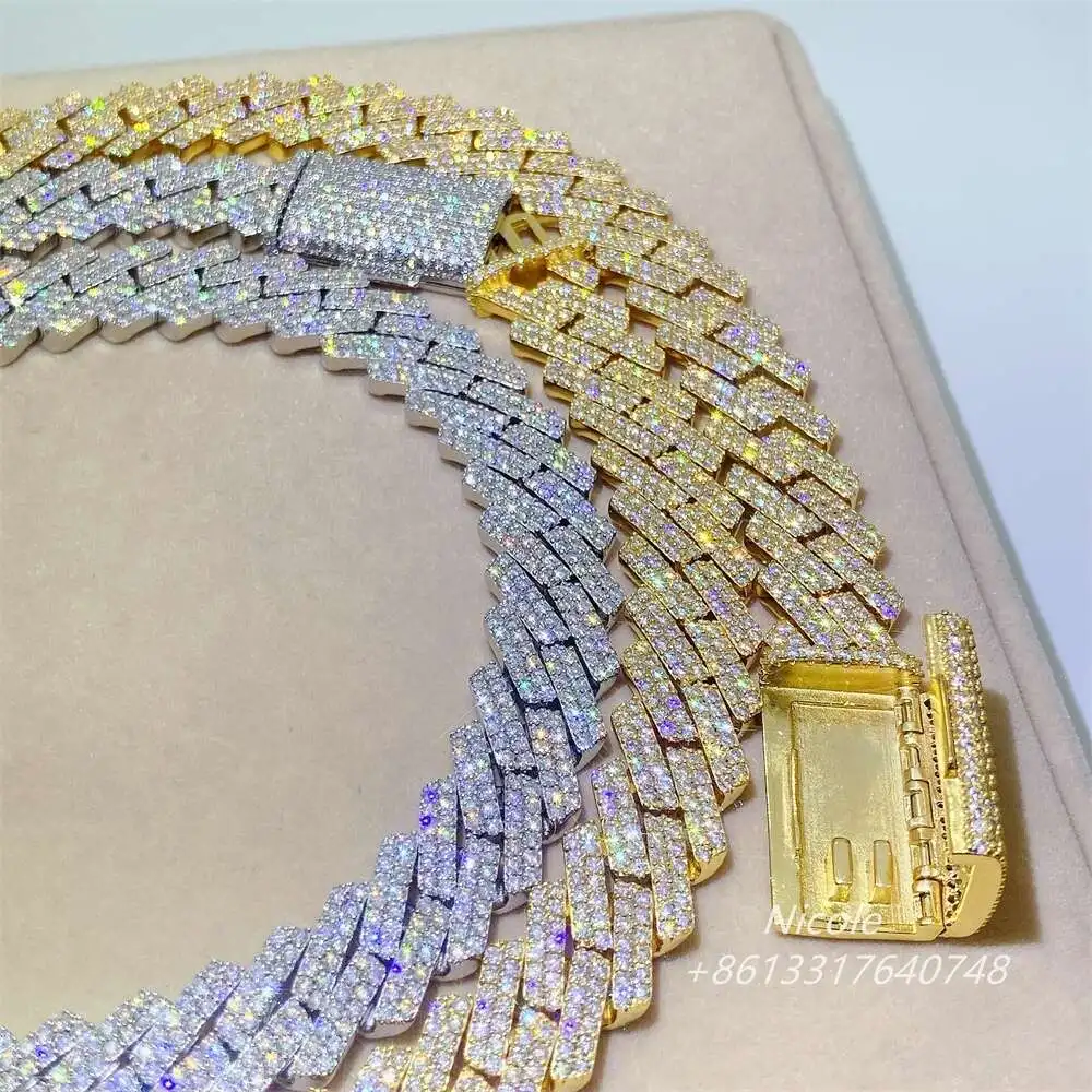 Luxury Hip Hop Jewelry 15mm 2 Rows 20 Inches Iced Out Diamond Miami Men 925 Sterling Silver Cuban Link Necklace.