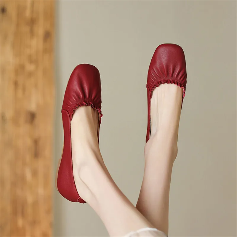 

New Spring/Autumn Square Toe Low Heel Women Pumps Genuine Leather Loafers Flat Shoes for Women Comfortable and Soft Ladies Shoes