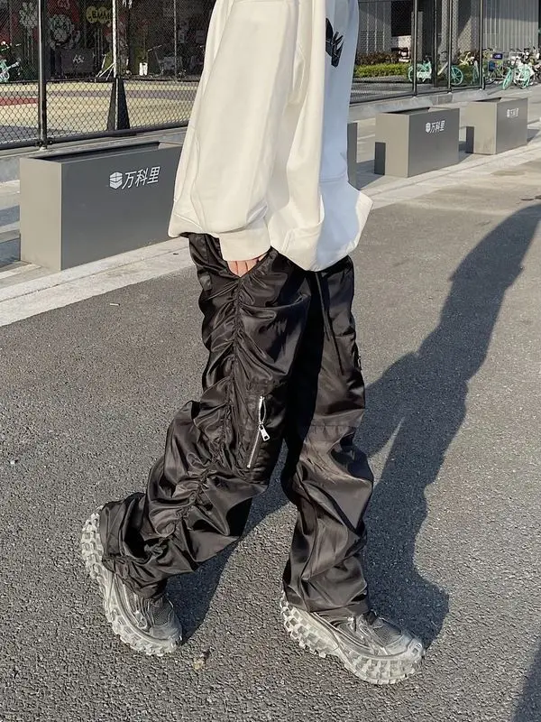 New Functional Pleated Pocket Cargo Pants Men Y2K High Street Retro Street Hip Hop Loose 2023 Fashion Trend Straight Leg Pants