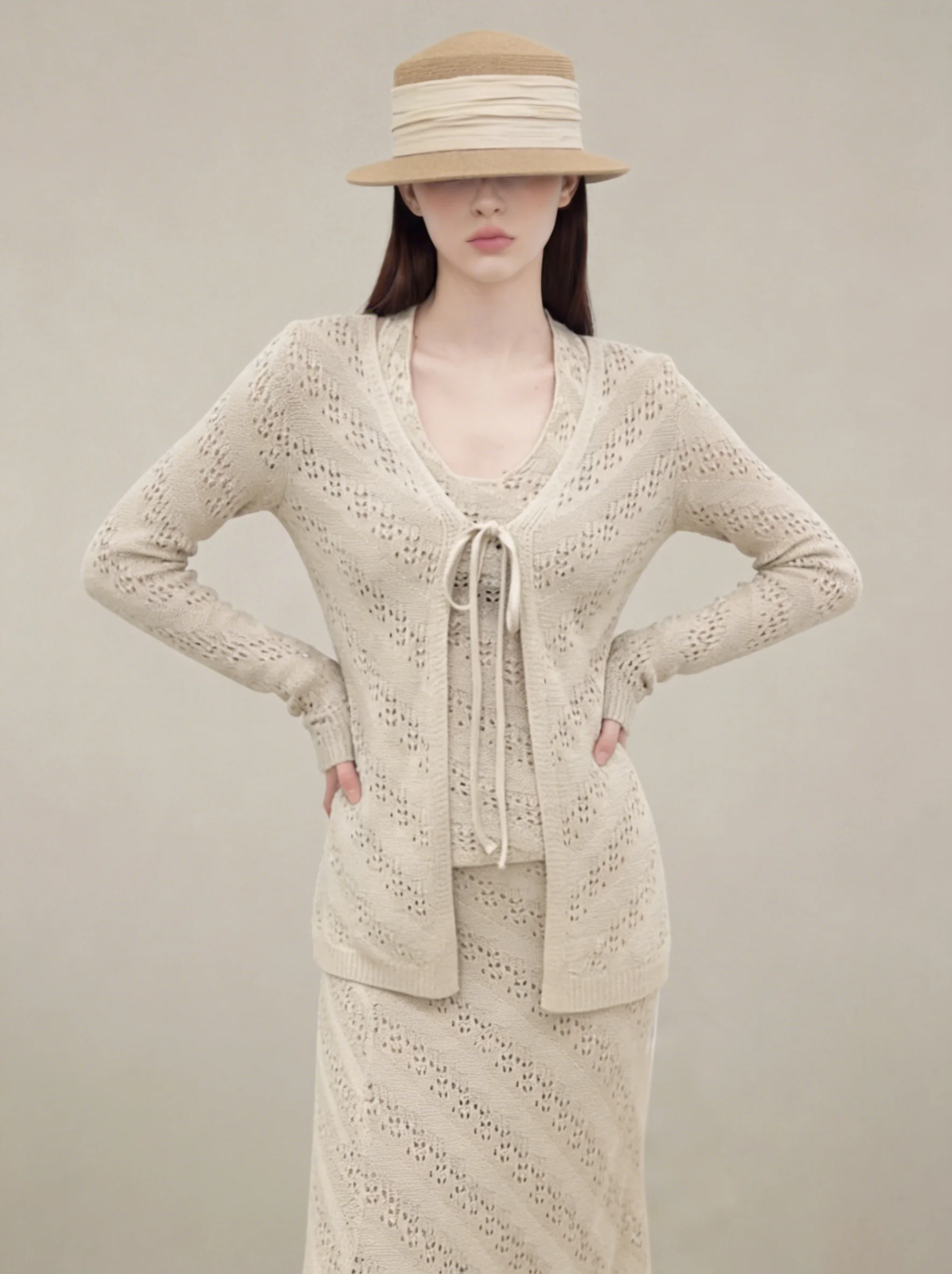 

Lush Casual Style Apricot Hollow out Slimming Knitted Cardigan And Halter Skirt Set Fashionable Spring Outfit for Women