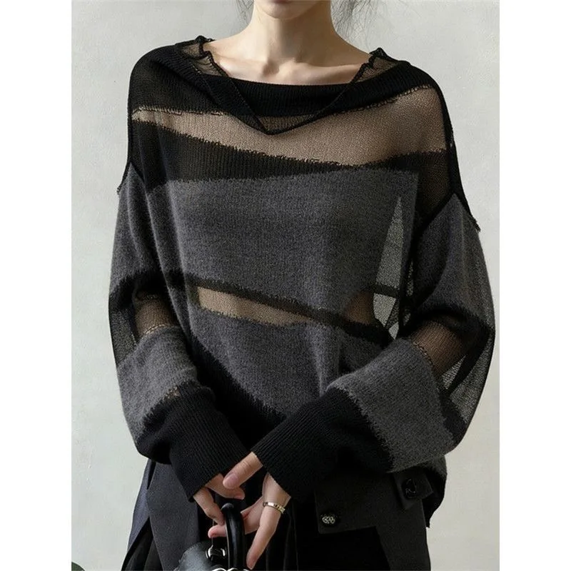 Korean atmosphere contrasting see-through sweater for women spring new style high-end versatile slimming pullover sweater top