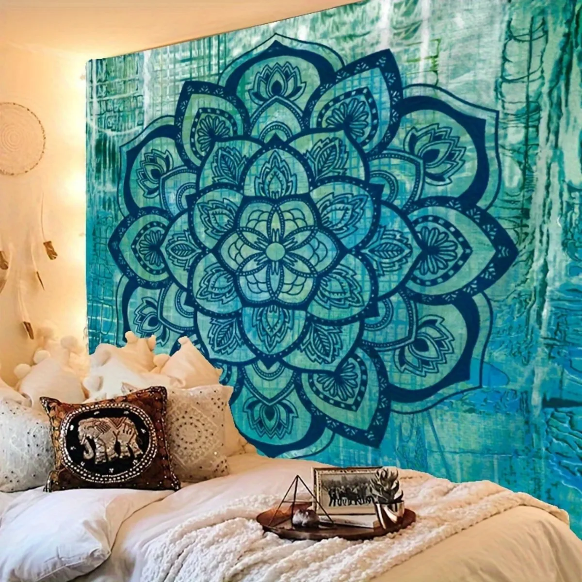 2D Plano - 1 Tapiz Mandala Bohemio | Colgante Gótico de Sol y Pared, Tela Azul y Verde Azulado Piel de Melocotón Beige Claro, In