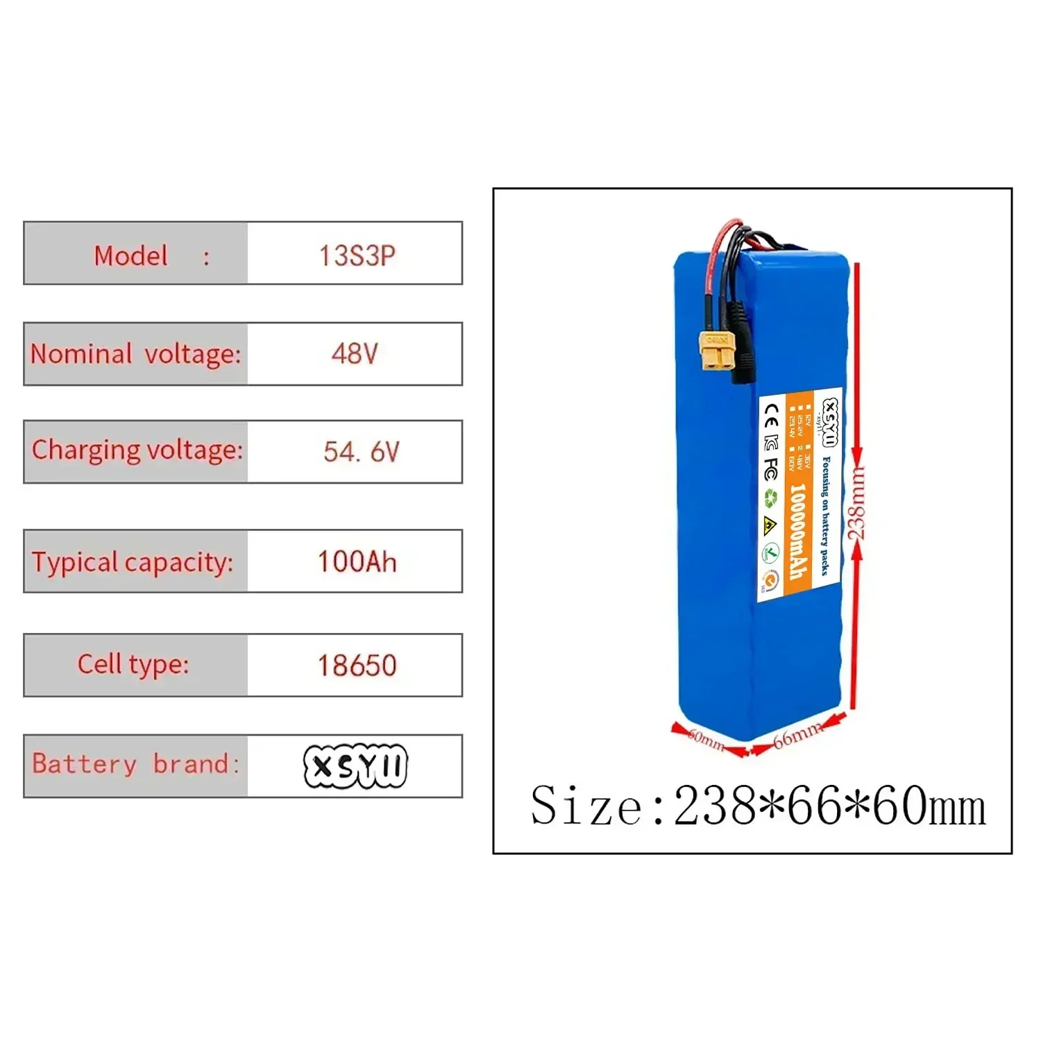 New 13S3P 48V 100Ah 1000W XT60 48V Lithium Ion Battery Pack with BMS 48v Battery 48v Lithium Battery 54.6V Charger