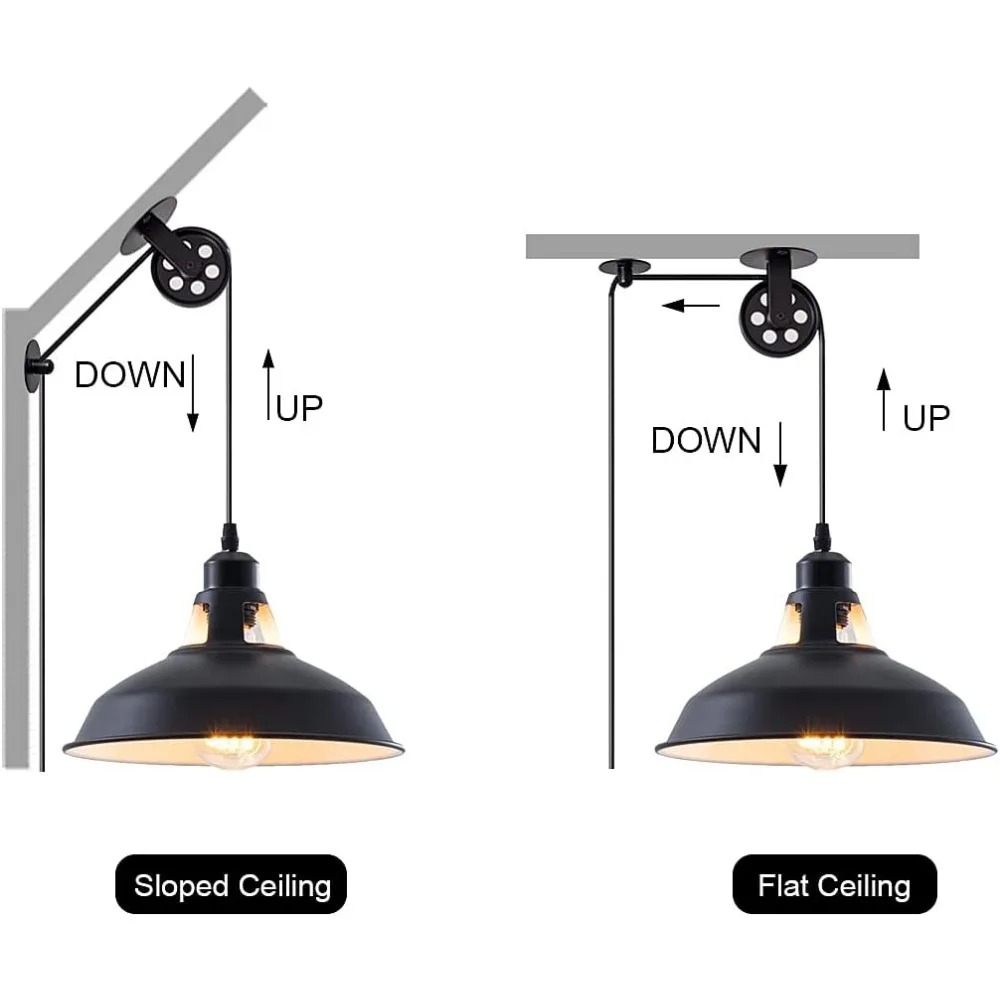 โคมไฟเพดานแบบลูกรอกสไตล์วินเทจอุตสาหกรรม พร้อมสวิตช์เปิด/ปิด สายไฟยาว 16.4 ฟุต ขั้วหลอด E26 แพ็ค 2 ชิ้น สีดำ สำหรับห้องครัวและต้นไม้ในบ้าน