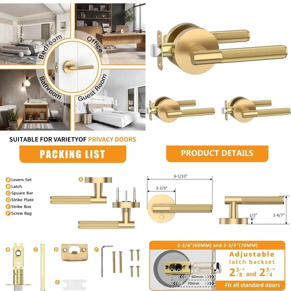 

Set of 3 Champagne Bronze Privacy Door Handles, Heavy Duty Knurled Levers for Bedrooms and Bathrooms, Reversible for Left or Rig