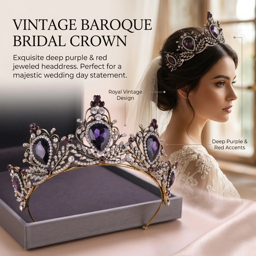 Elegant Crown Headpiece Baroque Vintage Tiara Wedding Bridal Party Purple Black Alloy Crystal Hair Jewelry Accessory Gift view 5