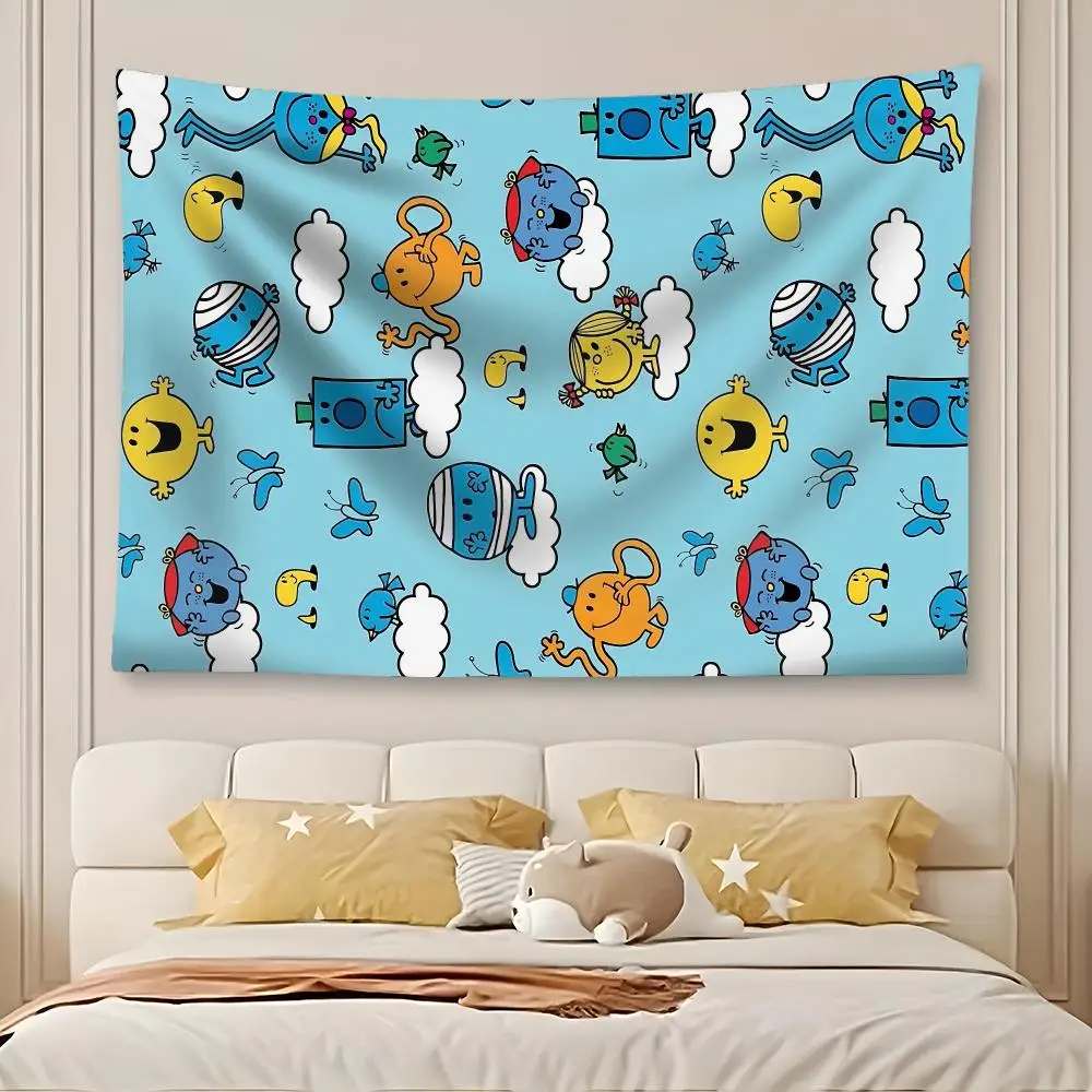 Cartoon M-Mr. Men and Little Miss Tapestry Art Decor Banner Microfiber Backdrop for Bedroom Living Room Bar Garden Party