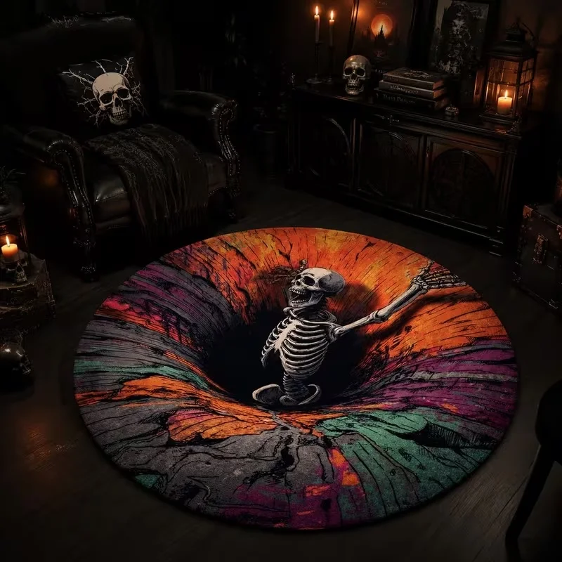 Vintage 3D Crack Pit Skeleton Round Floor Rug, Retro Halloween Horror Skeleton Print Circular Carpet, Gothic‑style Decor Mat