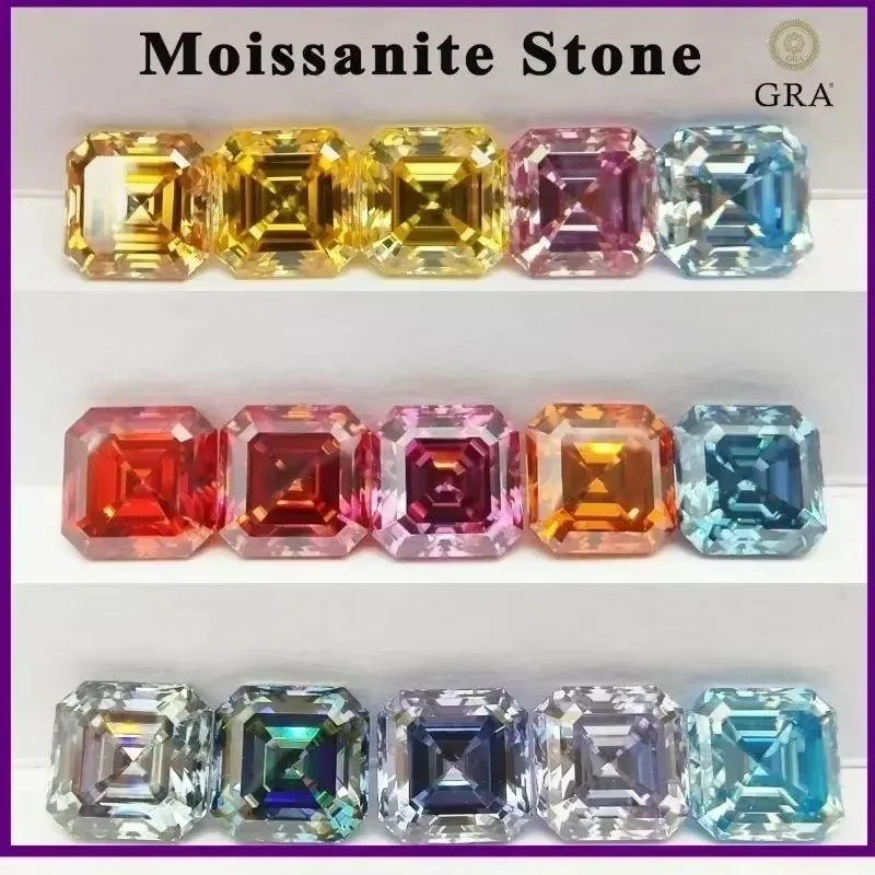 Moissanite Stone Multiple Colors Asscher Cut VVS1 High Quality Loose Gemstones for Custom Jewelry Making with Certificate
