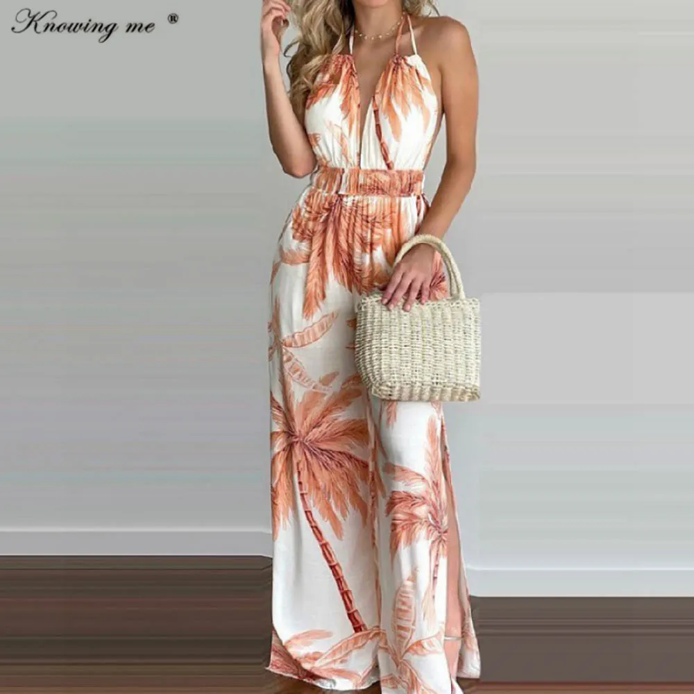 New Summer Beach Bohemian Jumpsuit Women sexy backless Printed wide leg Bodysuits Elegant casual side split one piece set