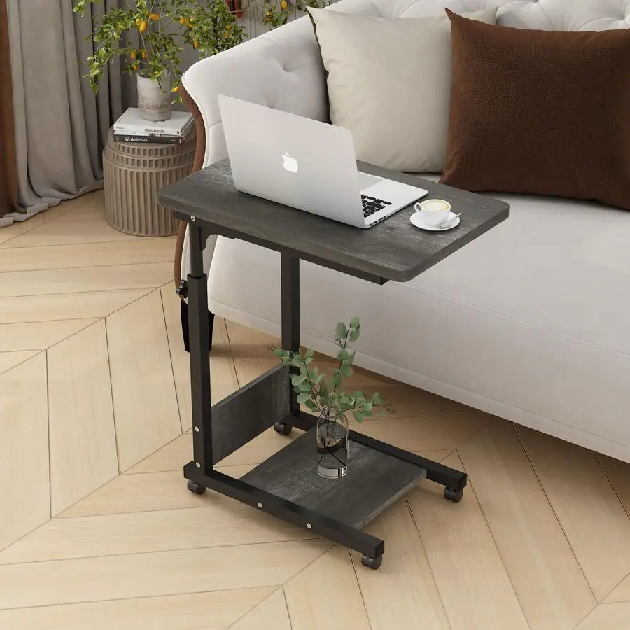Adjustable Height C Table Sofa Side Bedside Table with Wheels, Hospital Bed Table Rolling Tray with Storage, Mobile Computer De