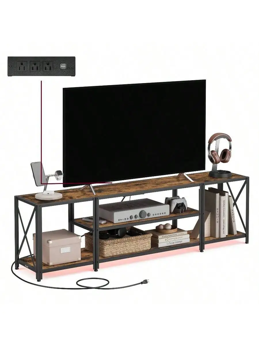 

VASAGLE TV Stand With Power Outlets And LED Lights, For TVs Up To 75 Inches, Entertainment Center With Open Storage Shelves,