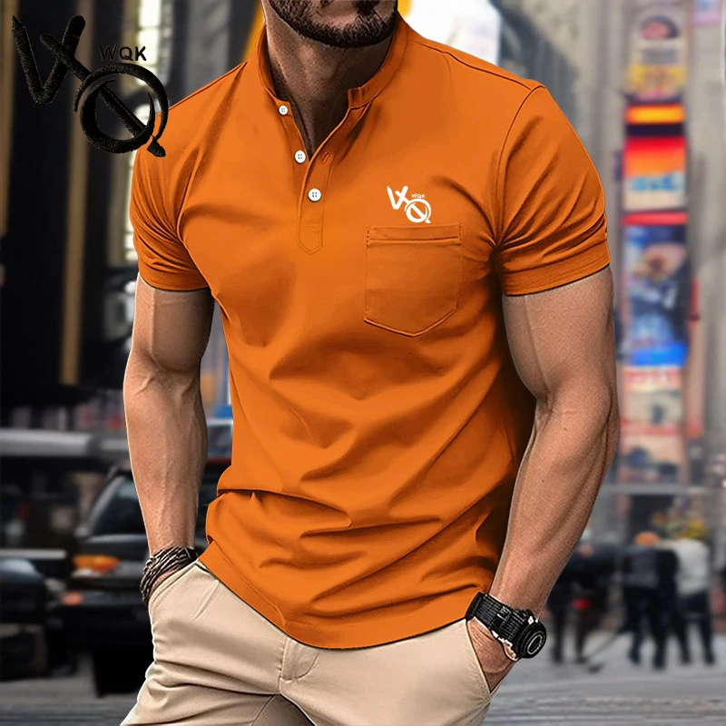 Summer men's short-sleeved POLO shirt stand collar casual T-shirt brand VQWQK imitation cotton printed pocket top