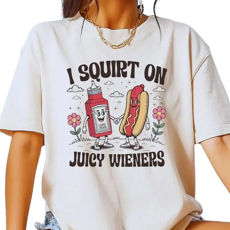 

Juicy Wieners Graphic T-Shirt, Funny Hot Dog And Ketchup Cartoon Tee, Humorous T-Shirt For Casual Wear, Gift For Food Lovers