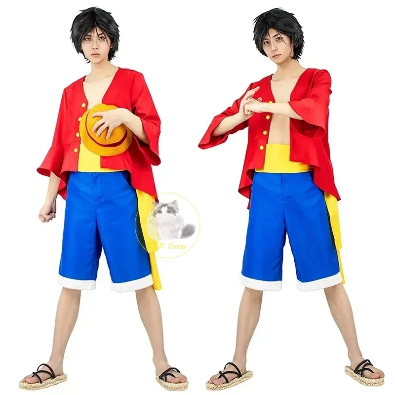 Anime Luffy Cosplay Costume Uniform Luffy Straw Hat Red Jacket Halloween Carnival Party Costumes for Men Women Adult Children