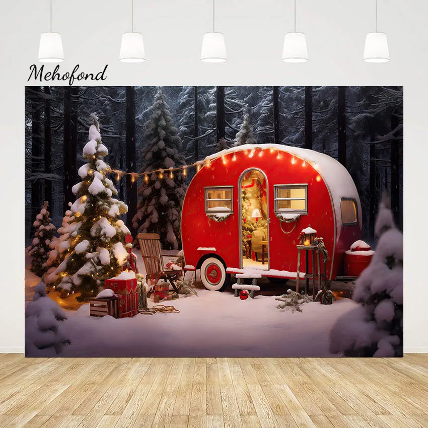 Mehofond Red Christmas Backdrop Winter Forest Camping Photostudio Xmas Tree Snow Picnic Kids Portrait Family Props Background