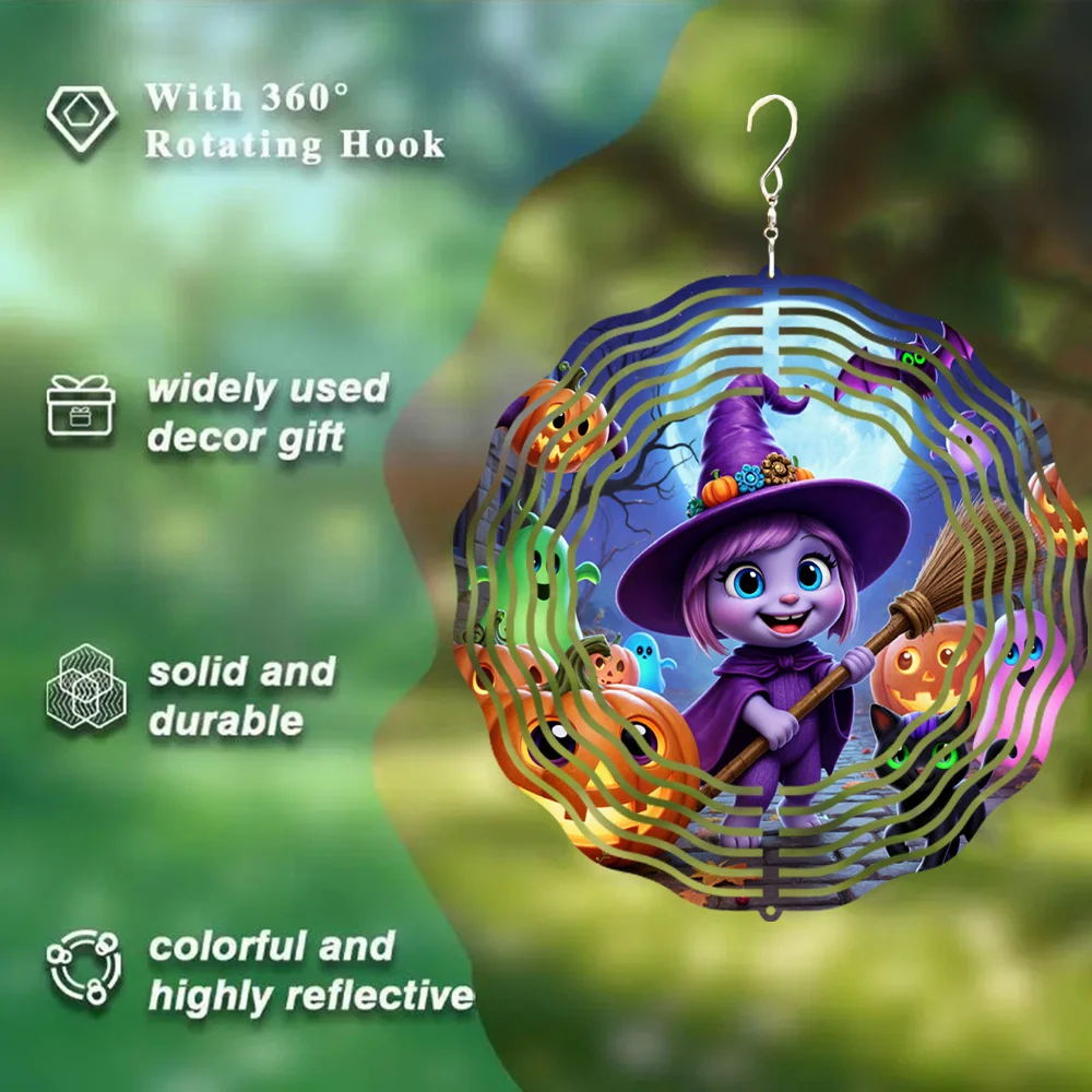 CIFBUY 3D Wind Chime Witch Black Cat Ghost Pumpkin Metal 360° Rotating Hook Yard Patio Lawn Decor Outdoor Bird Repeller Gift