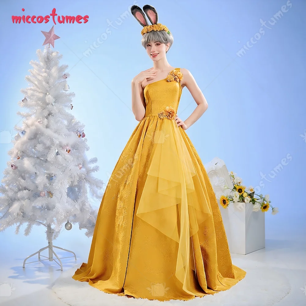 【Ready for Ship】 Miccostumes Women's Rabbit Cosplay Gown Dress Yellow Cosplay Dress with Ear Hairband and Flower Hair Accessory view 2