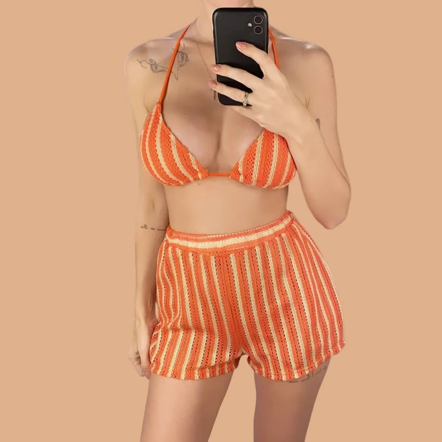 

Ellolace Vacation Women's Swimsuit Sexy Halter Padded Bikini Panty Shorts 3PC Minimalist Stripe Grid Mesh Youth Girls Beachwear