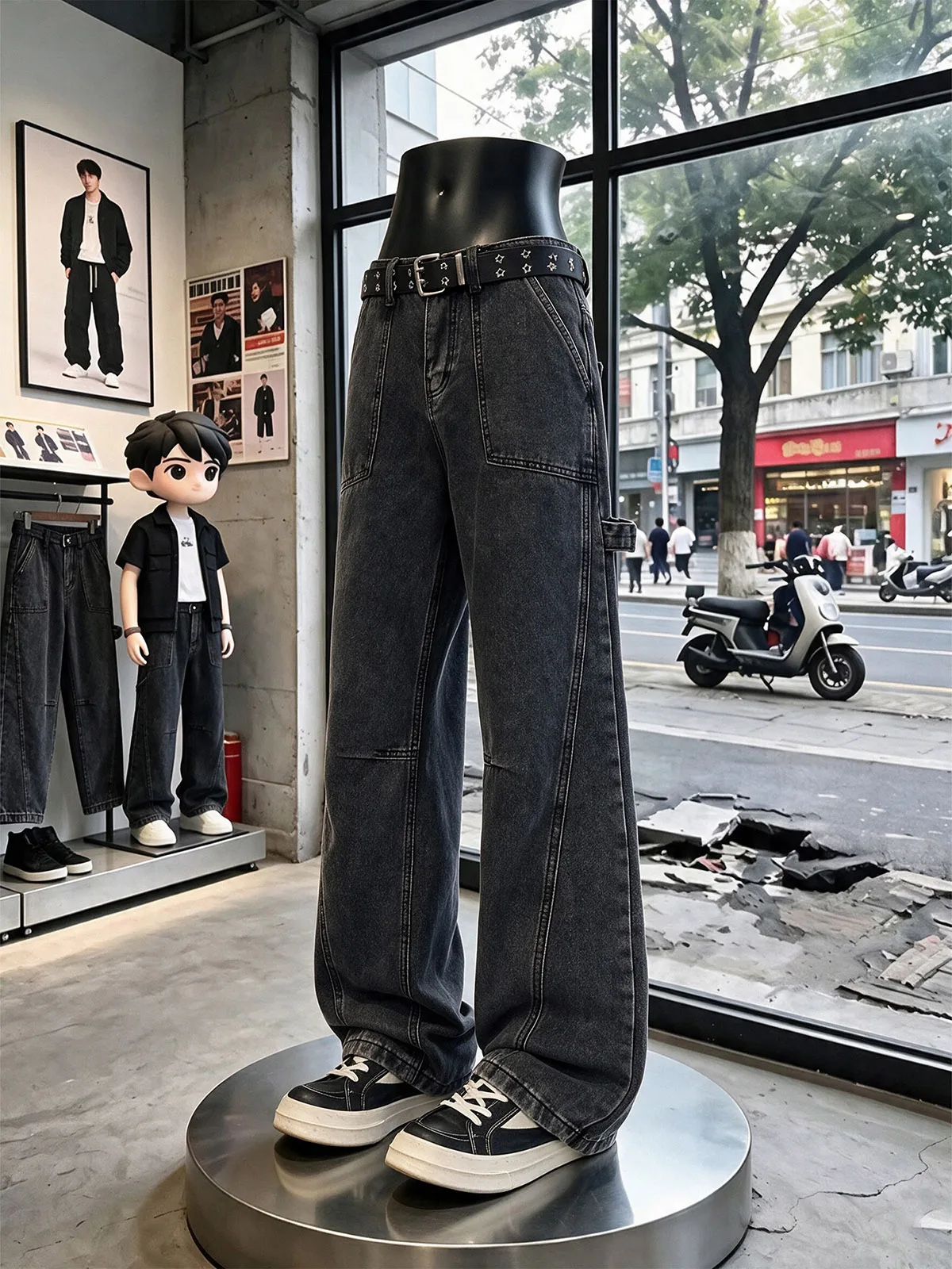 American Vibe Patchwork Semi-Elastic Waist Workwear Jeans Men's Straight Leg Handsome Knee-Bend Pants Casual Youthful Style