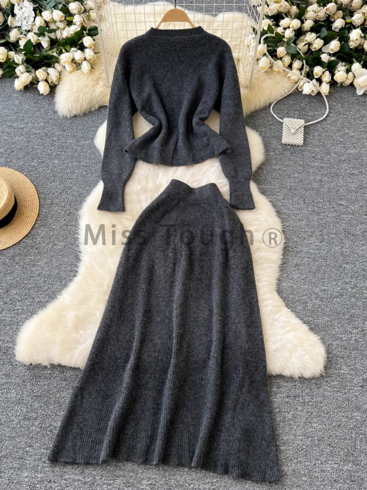 French Elegant Retro Knitted Two Piece Set Women Casual Sweater + High Waist Long Skirt Autumn Vintage Solid Slim Suit New 2024