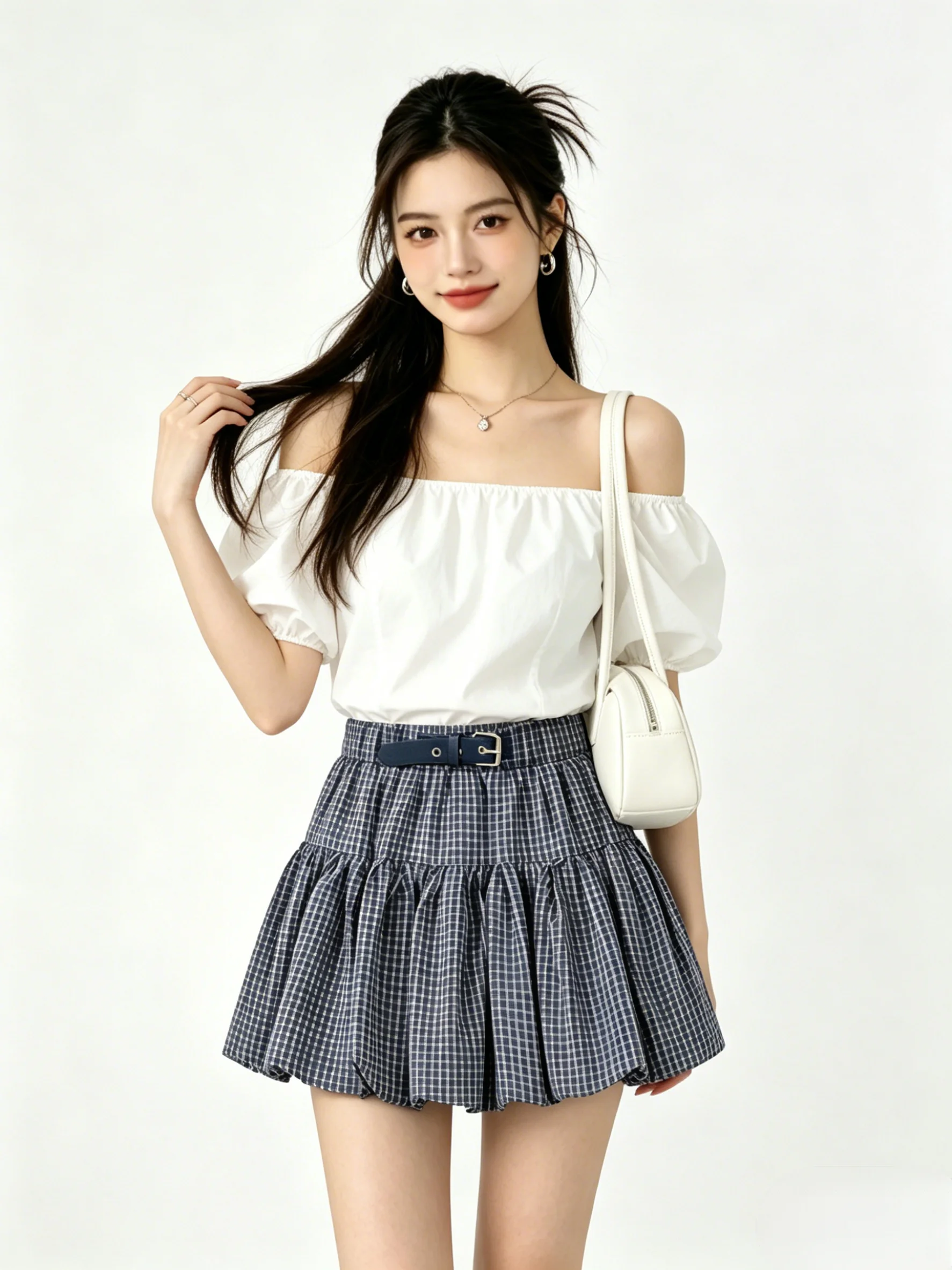 High Waist A-Line  Skirt with Belt Splicing Design Bloom Protection Slimming Pure Color Summer Korean Style College Wind