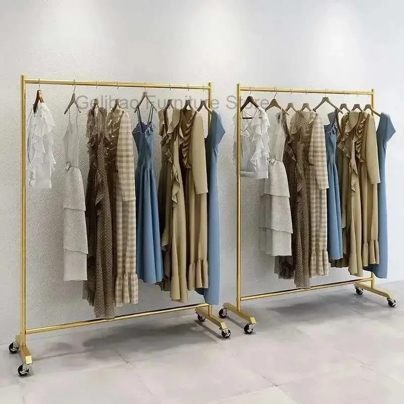 

Clothes Storage Rod Stand Wheels Mobile Folding Clothes Drying Hangers Rail Golden Balcony Colgador De Ropa Bedroom Furniture