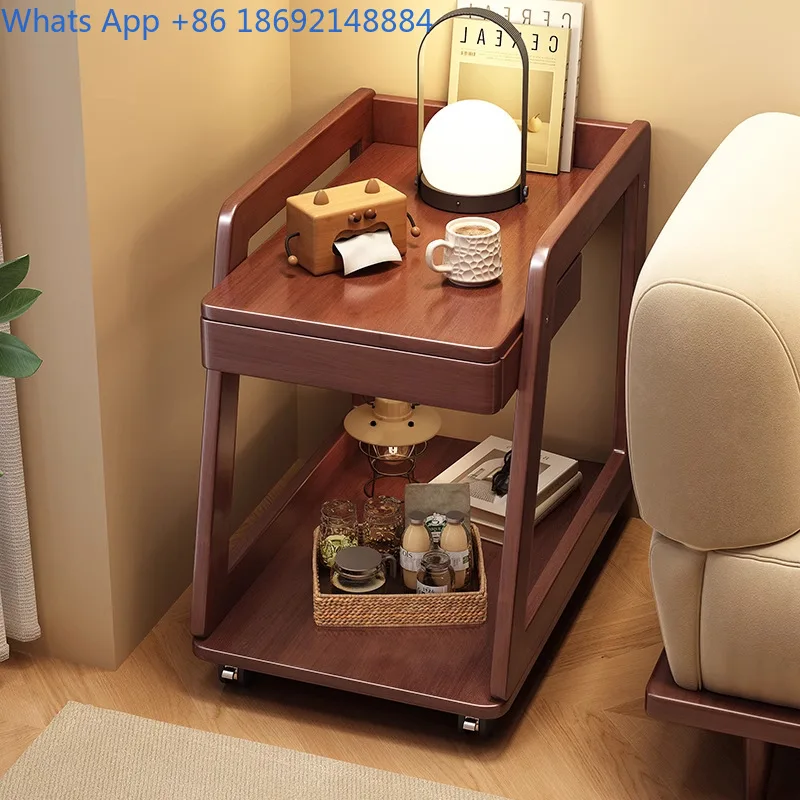 Movable side table solid wood rolling coffee table simple bedside cart small home utility trolley living room sofa side cabinet
