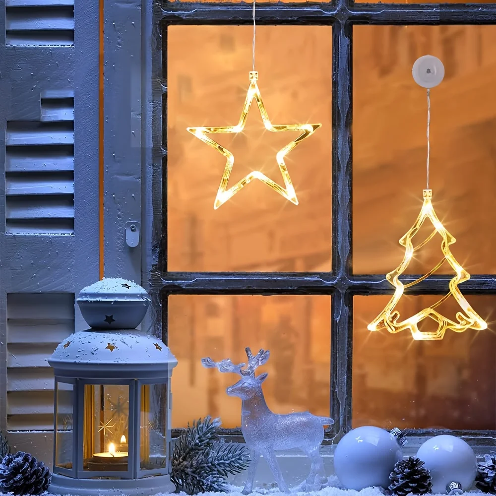 Magical Christmas Window Curtain Lights,Christmas Decorations with Snowflakes, Santa, Star, Christmas Tree, Reindeer, Bells