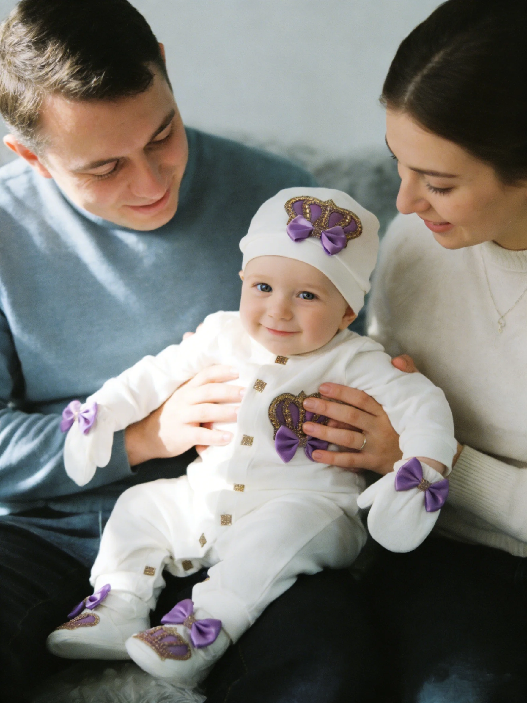 5PCS Adorable Princess Style Newborn Skin Friendly Cotton Snap Romper Set Hat Shoes Gloves Purple Bow Soft Ideal Gift