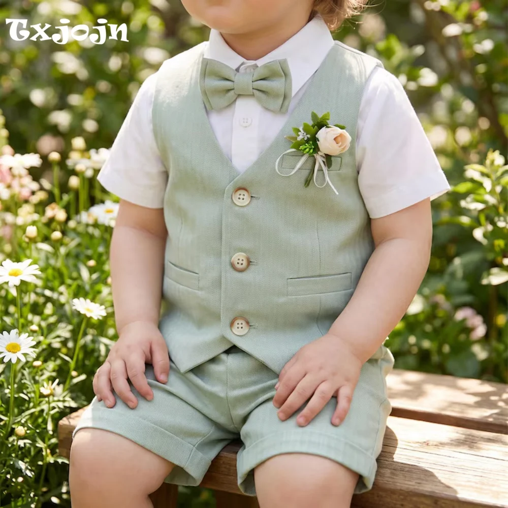 Formal Boys Suit Classic Homecoming Tuxedos 4-piece Set Trend Vest Pants Shirt and Bow Single Breasted Suit Set for Party