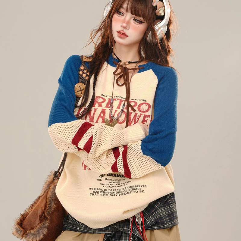 Harajuku Y2K Patchworkถักเสื้อกันหนาวขี้เกียจหลวมสบายๆเสื้อแขนยาวHollow Out Preppyสไตล์พิมพ์จัมเปอร์