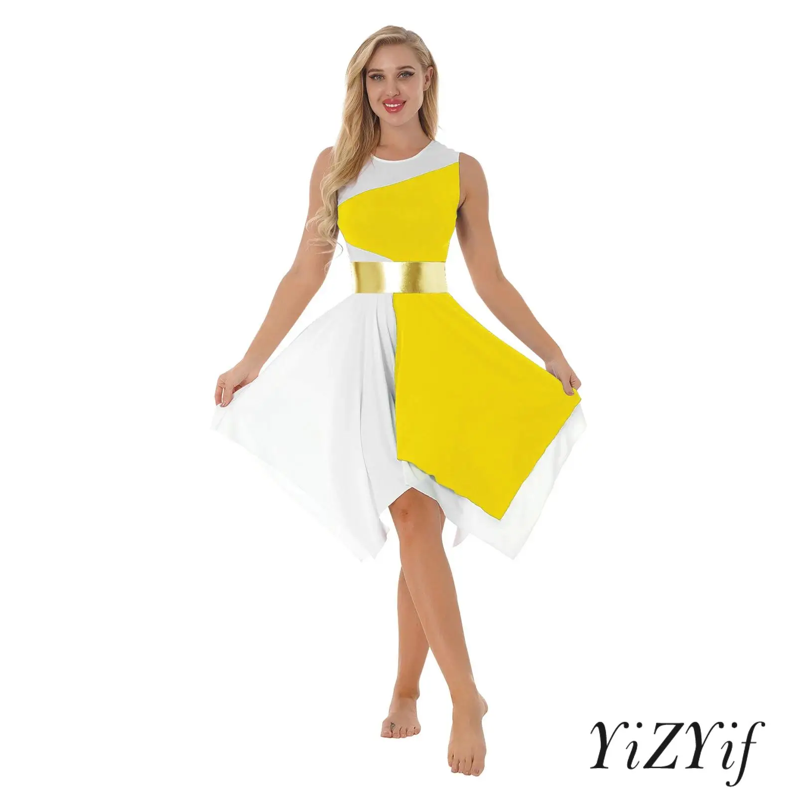 Robe de danse asymétrique élégante pour femmes, sans manches, bloc de couleurs, Polyester, Spandex, pour spectacles de danse contemporaine, fêtes